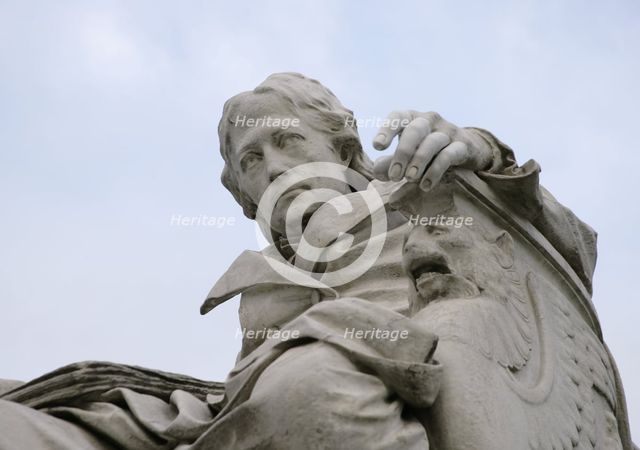 Marble statue of Wilhelm von Humboldt at the entrance to Humboldt University, Berlin, Germany, 2025. Creator: LTL.