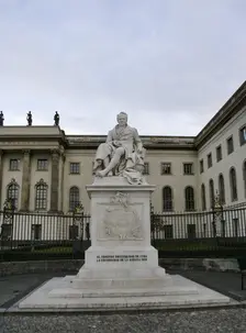 Marble statue of Alexander von Humboldt, entrance to Humboldt University, Berlin, Germany, 2025. Creators: LTL, Reinhold Begas