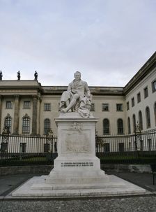 Marble statue of Alexander von Humboldt, entrance to Humboldt University, Berlin, Germany, 2025. Creators: LTL, Reinhold Begas