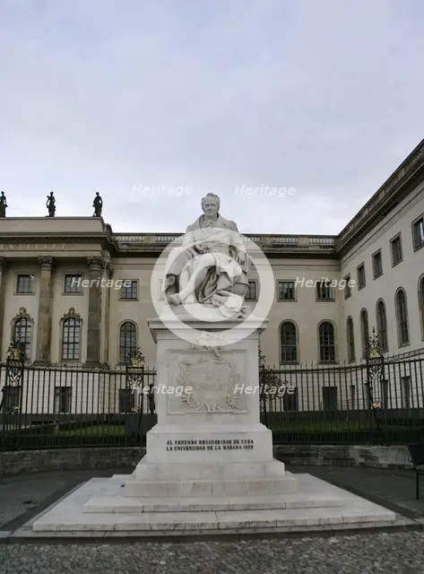 Marble statue of Alexander von Humboldt, entrance to Humboldt University, Berlin, Germany, 2025. Creators: LTL, Reinhold Begas.