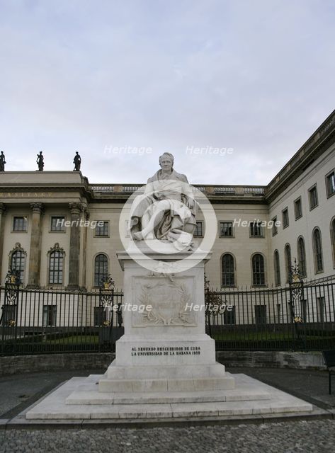 Marble statue of Alexander von Humboldt, entrance to Humboldt University, Berlin, Germany, 2025. Creators: LTL, Reinhold Begas.