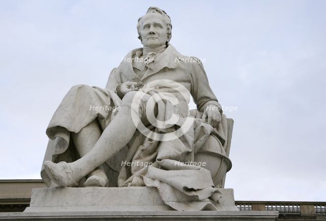Marble statue of Alexander von Humboldt, entrance to Humboldt University, Berlin, Germany, 2025. Creators: LTL, Reinhold Begas.