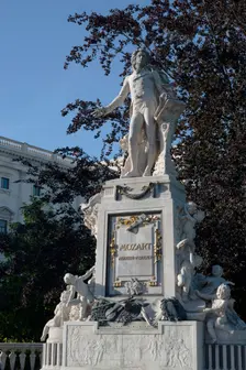 Marble statue of Mozart erected in 1896, in the Burggarten in Vienna, Austria, 2022. Creator: Ethel Davies