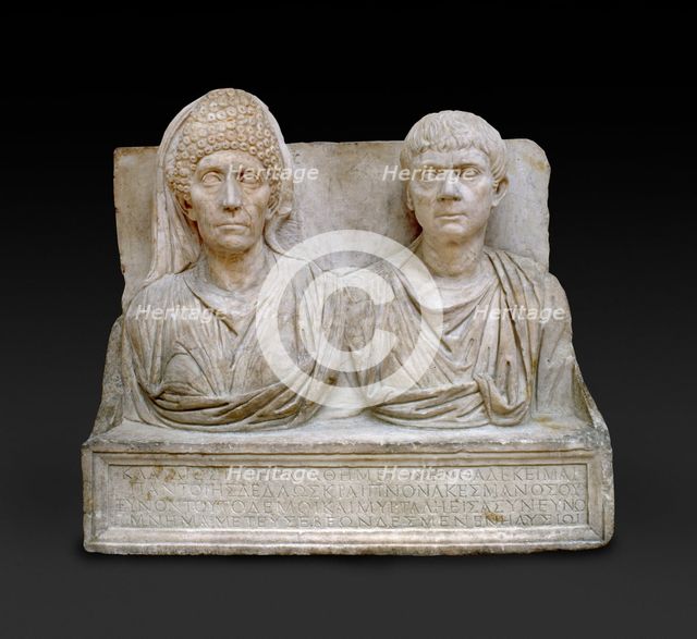 Marble tombstone of the doctor Claudius Agathemerus and his wife Myrtale, c100. Artist: Unknown.