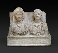 Marble tombstone of the doctor Claudius Agathemerus and his wife Myrtale, c100