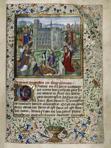 Margaret of York praying in front of the Cathedral of St. Gudula in Brussels, c. 1467-1469