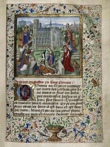 Margaret of York praying in front of the Cathedral of St. Gudula in Brussels, c. 1467-1469
