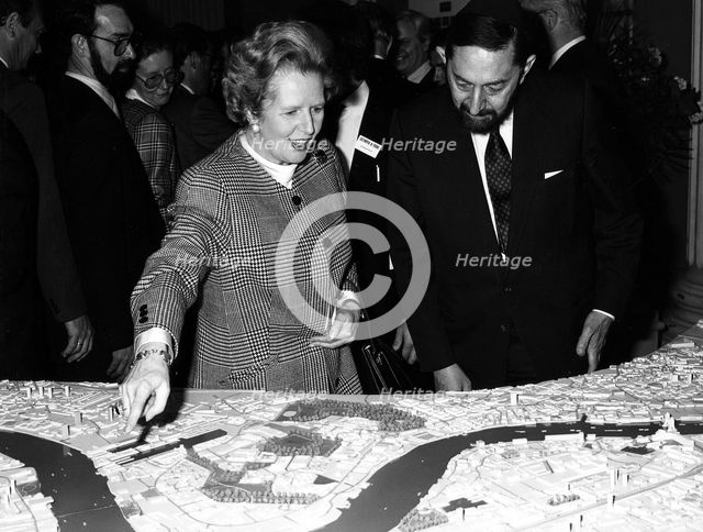 Margaret Thatcher (1925- ), British Prime Minister, viewing the Canary Wharf scheme, 1988. Creator: Unknown.