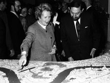 Margaret Thatcher (1925- ), British Prime Minister, viewing the Canary Wharf scheme, 1988