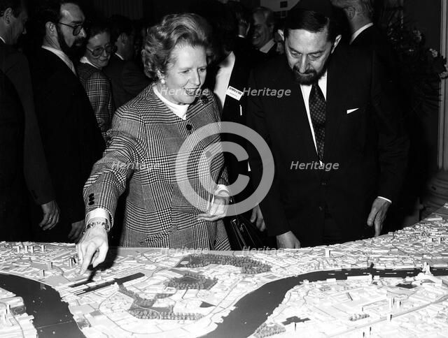 Margaret Thatcher (1925- ), British Prime Minister, viewing the Canary Wharf scheme, 1988. Artist: Unknown