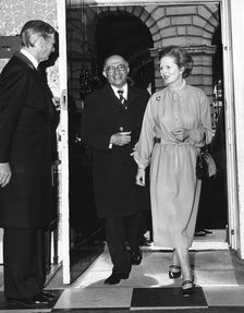 Margaret Thatcher (1925-), British Prime Minister with Menachem Begin, Israeli Prime Minister, 1987. Creator: Sidney Harris