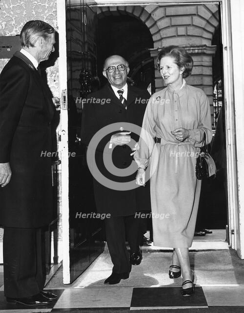 Margaret Thatcher (1925-), British Prime Minister with Menachem Begin, Israeli Prime Minister, 1987. Artist: Sidney Harris