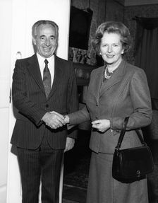 Margaret Thatcher (1925-), British Prime Minister with Shimon Peres, Israeli Prime Minister, 1987. Creator: Sidney Harris