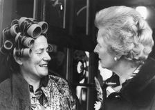 Margaret Thatcher chats to Madame Anne Marie Baudino in a hairdressers, 16th February 1977
