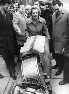 Margaret Thatcher cleaning the streets in Wandsworth, London, 17th February 1978