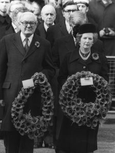 Margaret Thatcher and James Callaghan with wreathes on Remembrance Day, 10th November 1980