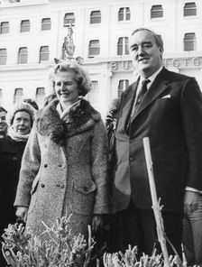 Margaret Thatcher and William Whitelaw on Eastbourne sea front, Sussex, 8th February 1975
