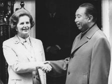 Margaret Thatcher greets Hua Guofeng outside 10 Downing Street, London, 29th October 1979