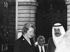 Margaret Thatcher greets Shaikh Khalifa at Downing Street, 16th September 1980