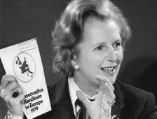 Margaret Thatcher holds up the Conservative Party's Manifesto for Europe, 18th May 1979