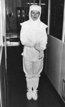 Margaret Thatcher in a protective suit, 17th January 1981