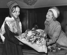 Margaret Thatcher is presented with a bouquet, Church House, London, 1st August 1972