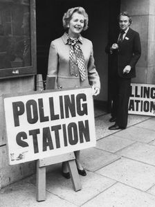 Margaret Thatcher outside a polling station, referendum day, 5th June 1975