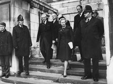 Margaret Thatcher leaving the Ross McWhirter Thanksgiving service, 16th December 1975