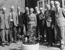 Margaret Thatcher pictured in the garden of her Chelsea home with some colleagues, 23rd April 1979