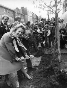 Margaret Thatcher planting a tree outside her house in Chelsea, 9th November 1977