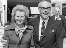 Margaret Thatcher with husband Denis at Heathrow Airport, London, 20th April 1977. Creator: Unknown