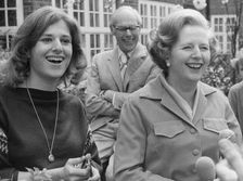 Margaret Thatcher with husband Denis and daughter Carol outside their home, 23rd April 1979