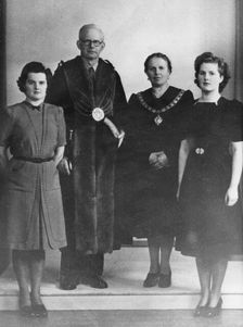 Margaret Thatcher (then Margaret Hilda Roberts), pictured with her parents and sister Muriel in 1945 Creator: Unknown