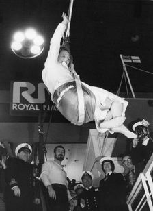 Margaret Thatcher trying out a jackstay after opening the Boat Show, Earl's Court, 4th January 1979