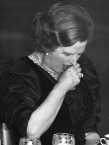 Margaret Thatcher yawning at a dinner in New York, USA, 2nd May 1981. Creator: Unknown