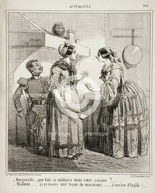 Marguerite, que fait ce militaire dans votre cuisine? Madame, je prenais une..., c1865. Creator: Cham.
