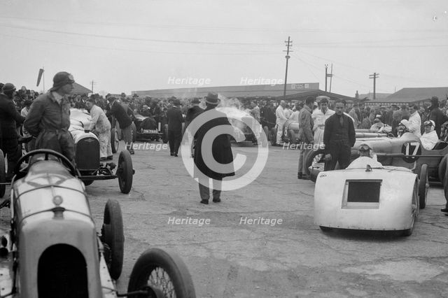 Marendaz Special of AC Hess and Bugatti Type 35 of O Bertram at a BARC meeting, Brooklands, 1930. Artist: Bill Brunell.