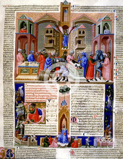 Market of the merchants, Miniature in the 'Codice Justiniano Institutiones Feodorum et Alia', ill…