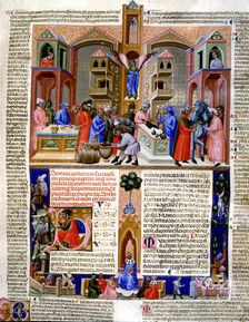 Market of the merchants, Miniature in the Codice Justiniano Institutiones Feodorum et Alia ill…