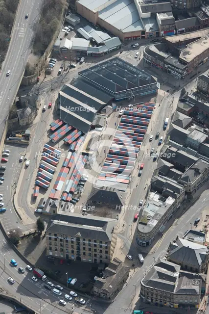 Market and former Machell Bros Ltd shoddy and mungo manufacturers mill, Dewsbury, Yorkshire, 2019. Creator: Historic England.