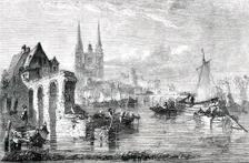 Market Boats Arriving at Angers - painted by E. A. Goodall, 1850. Creator: Unknown