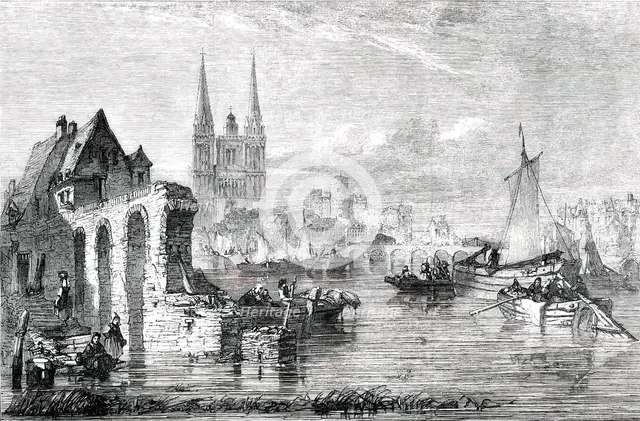 Market Boats Arriving at Angers - painted by E. A. Goodall, 1850. Creator: Unknown.
