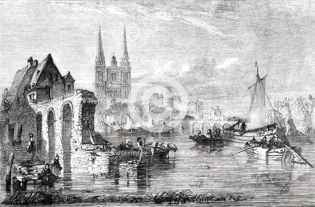 Market Boats Arriving at Angers - painted by E. A. Goodall, 1850. Creator: Unknown.