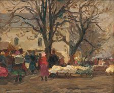 Market in front of the church, 1920-1928. Creator: Teodor Jozef Mousson