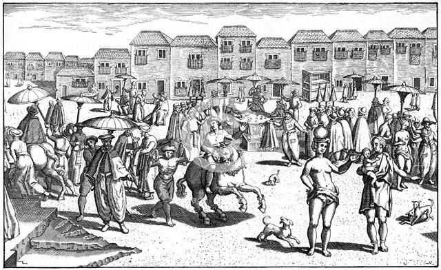 Market in Goa, India, 1599. Artist: Unknown