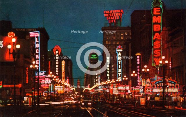 Market Street at night, San Francisco, California, USA, 1957. Artist: Unknown