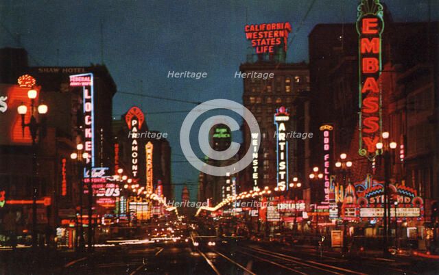 Market Street at night, San Francisco, California, USA, 1957. Artist: Unknown