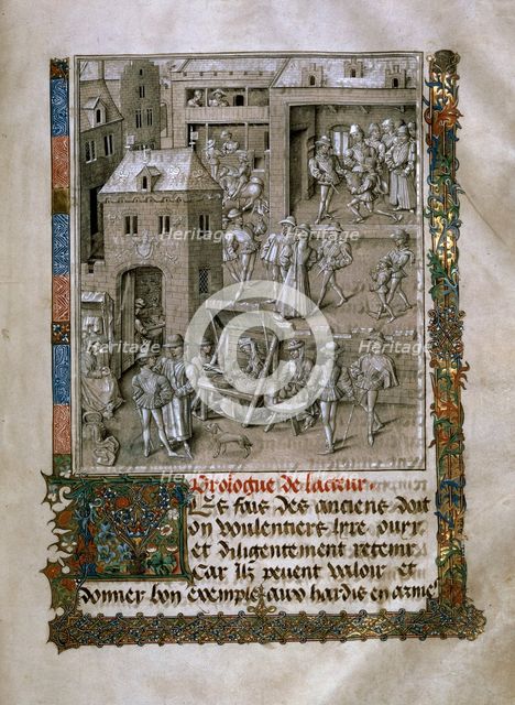 Market scene and Presentation of the book to Philip the Good. 
