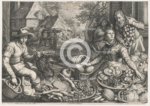 Market Scene, the Rest on the Flight into Egypt in the Background, from Kitchen and Market..., 1603. Creator: Jacob Matham.
