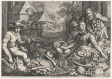Market Scene, the Rest on the Flight into Egypt in the Background, from Kitchen and Market..., 1603. Creator: Jacob Matham